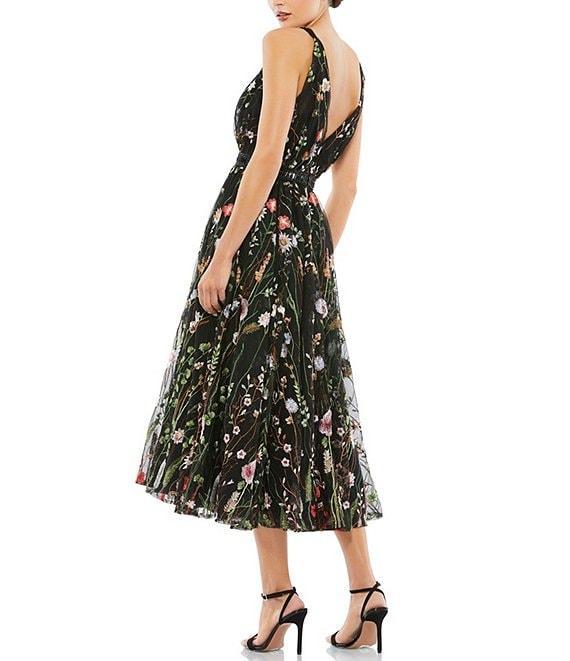 Mac Duggal Floral Embroidered V-Neck Sleeveless Sequin Midi Dress Product Image
