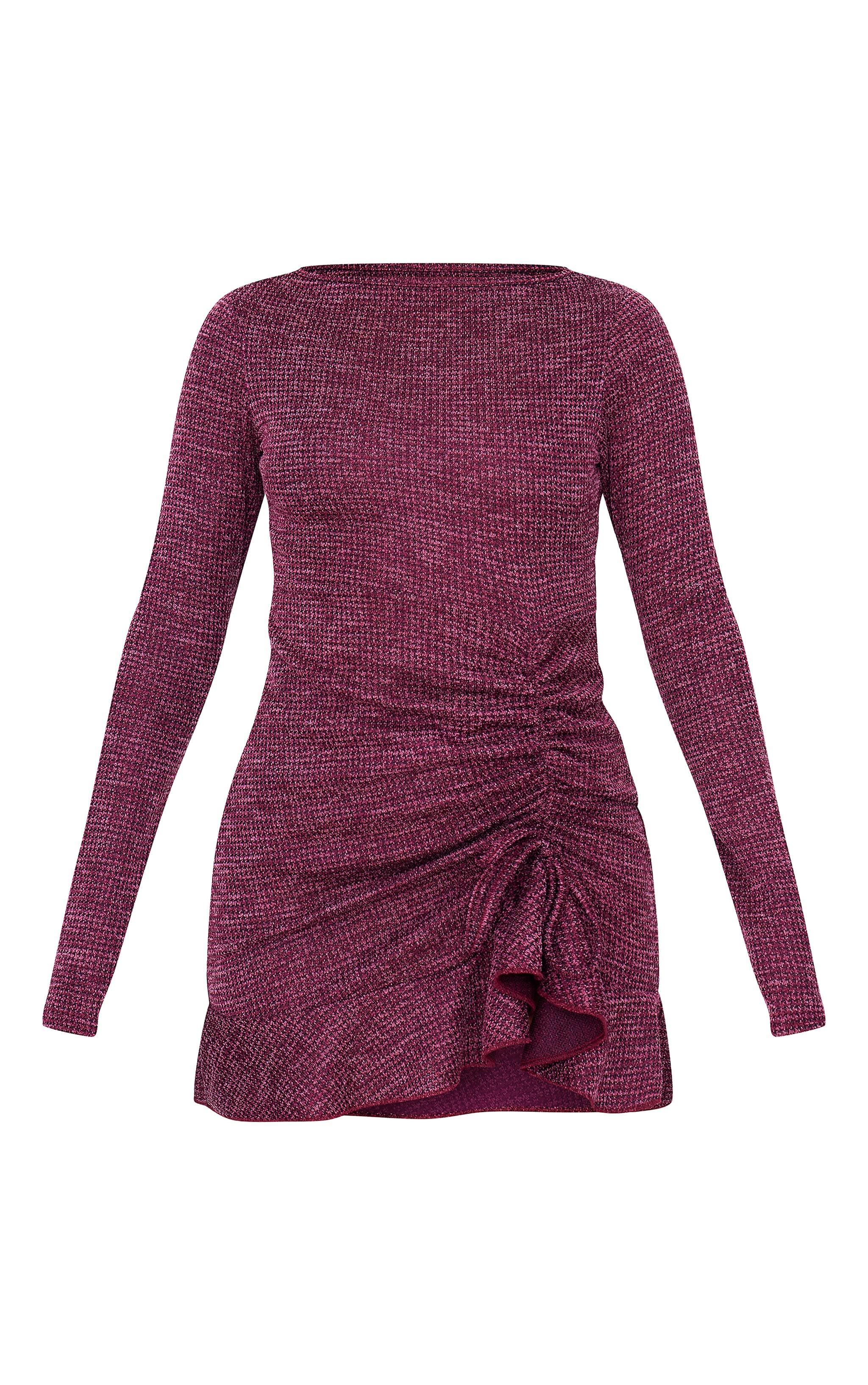 Burgundy Textured Long Sleeve Ruched Detail Shift Dress Product Image