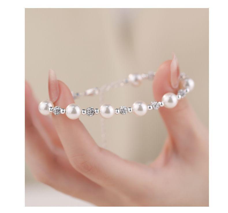 925 Sterling Silver Faux Pearl Rhinestone Bracelet Product Image