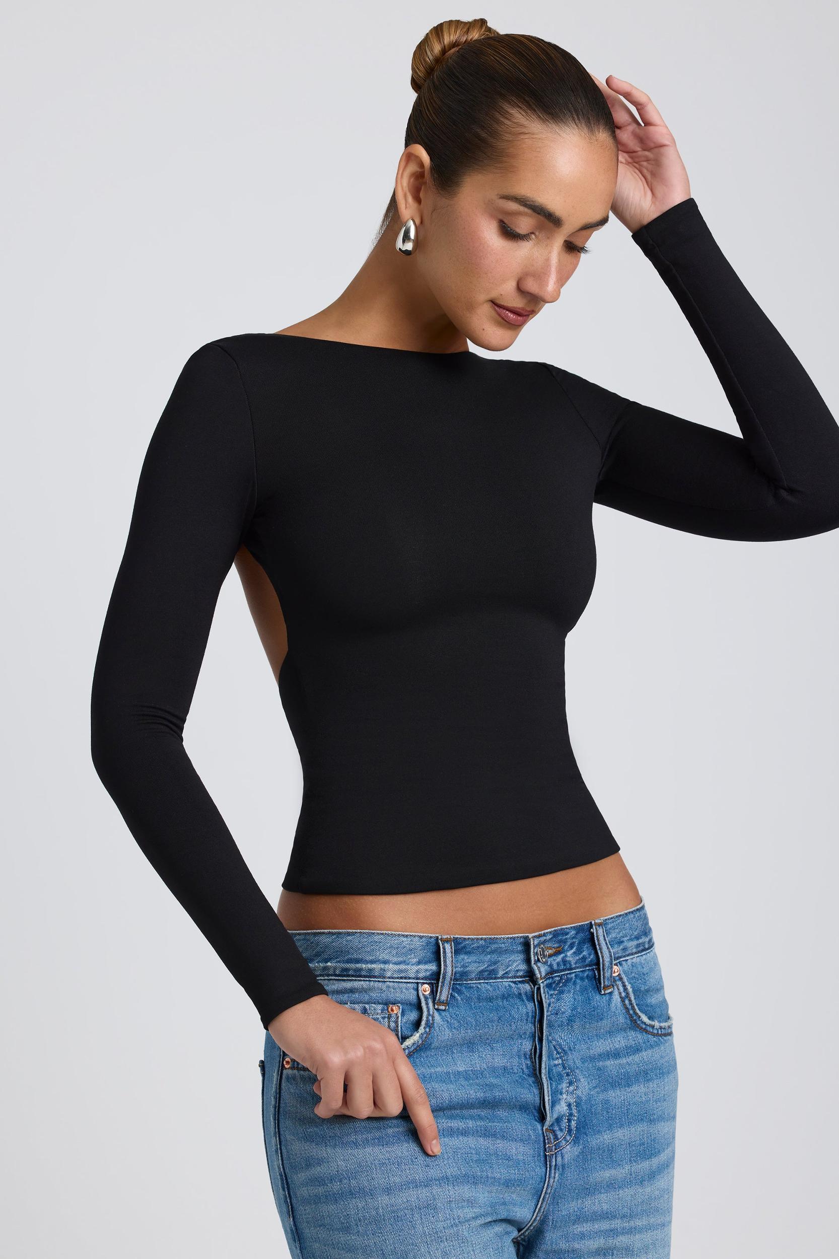 Modal High Neck Long Sleeve Open Back Top in Black Product Image