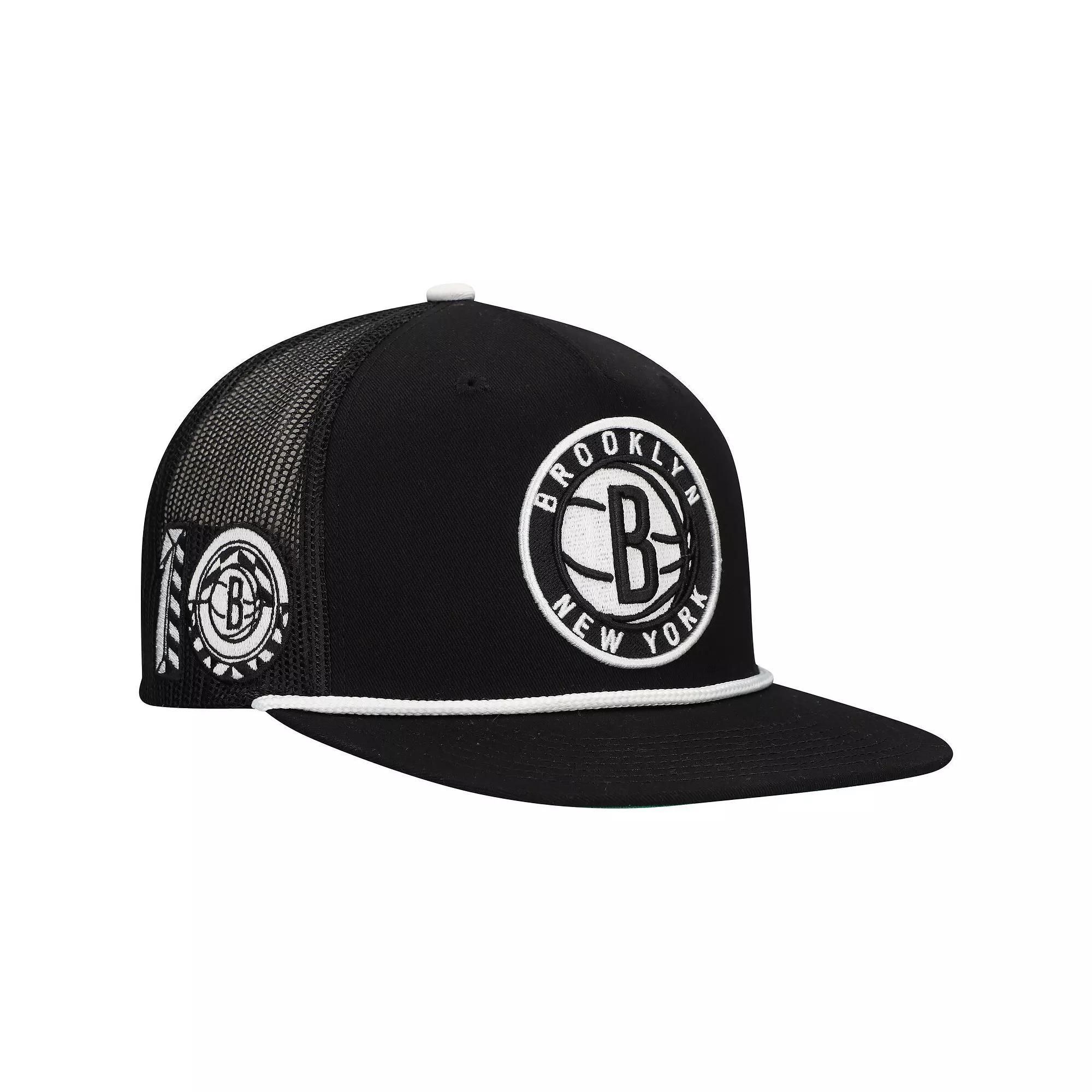 Men's Mitchell & Ness Black Brooklyn Nets Roper Trucker Snapback Hat Product Image