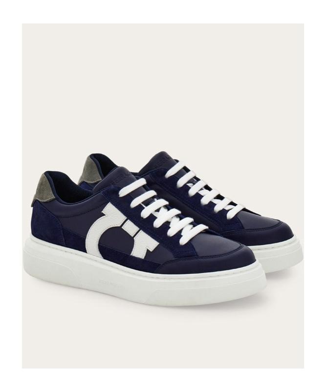 FERRAGAMO Suede-trimmed Leather Sneakers In Blue Product Image