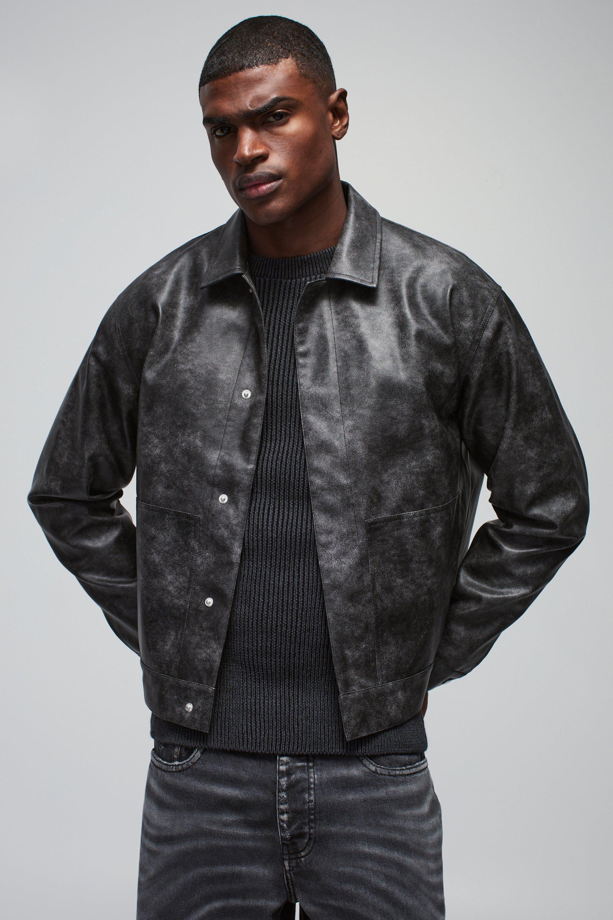 Oversized Washed PU Back Pleat Trucker Jacket | boohooMAN USA Product Image