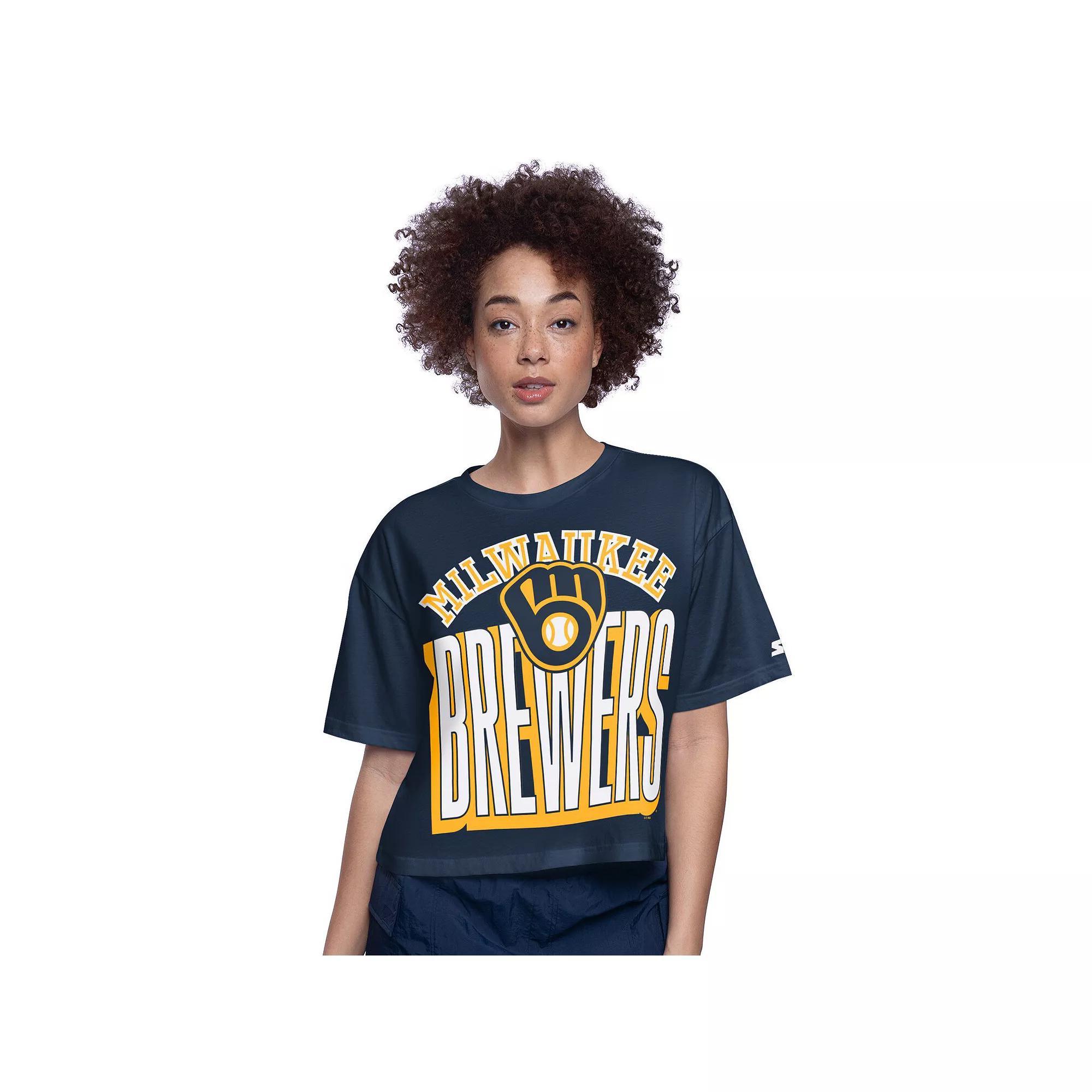 Women's Starter Navy Milwaukee Brewers Play the Ball Boxy Cropped T-Shirt, Size: Small, Blue Product Image
