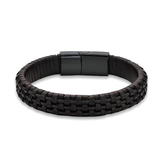 Men's 12.0mm Woven Leather Bracelet with Stainless Steel and Black IP Clasp - 8.5" Product Image