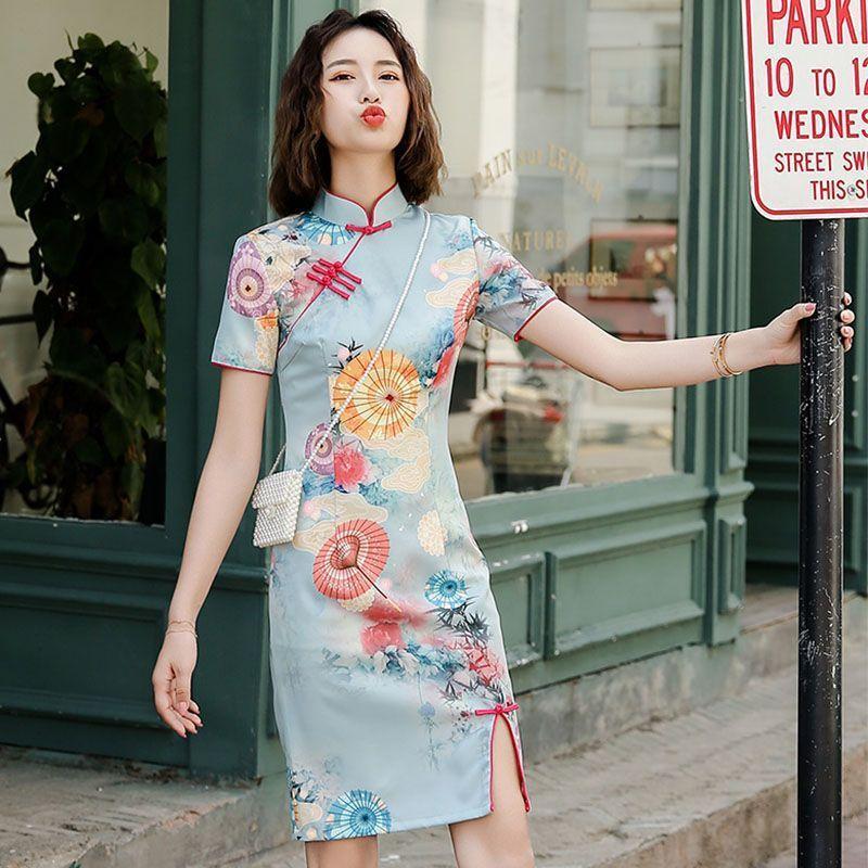 Short-Sleeve Print Mini Qipao Product Image