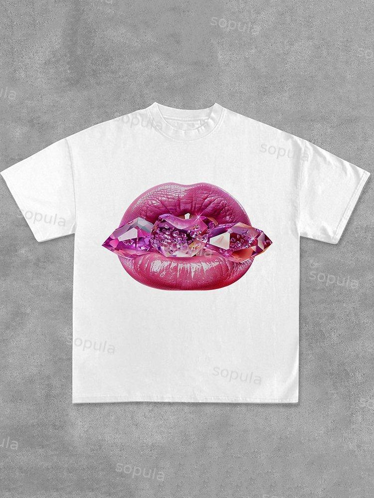 Sexy Jeweled Lips Print Graphic Cotton Tees Product Image