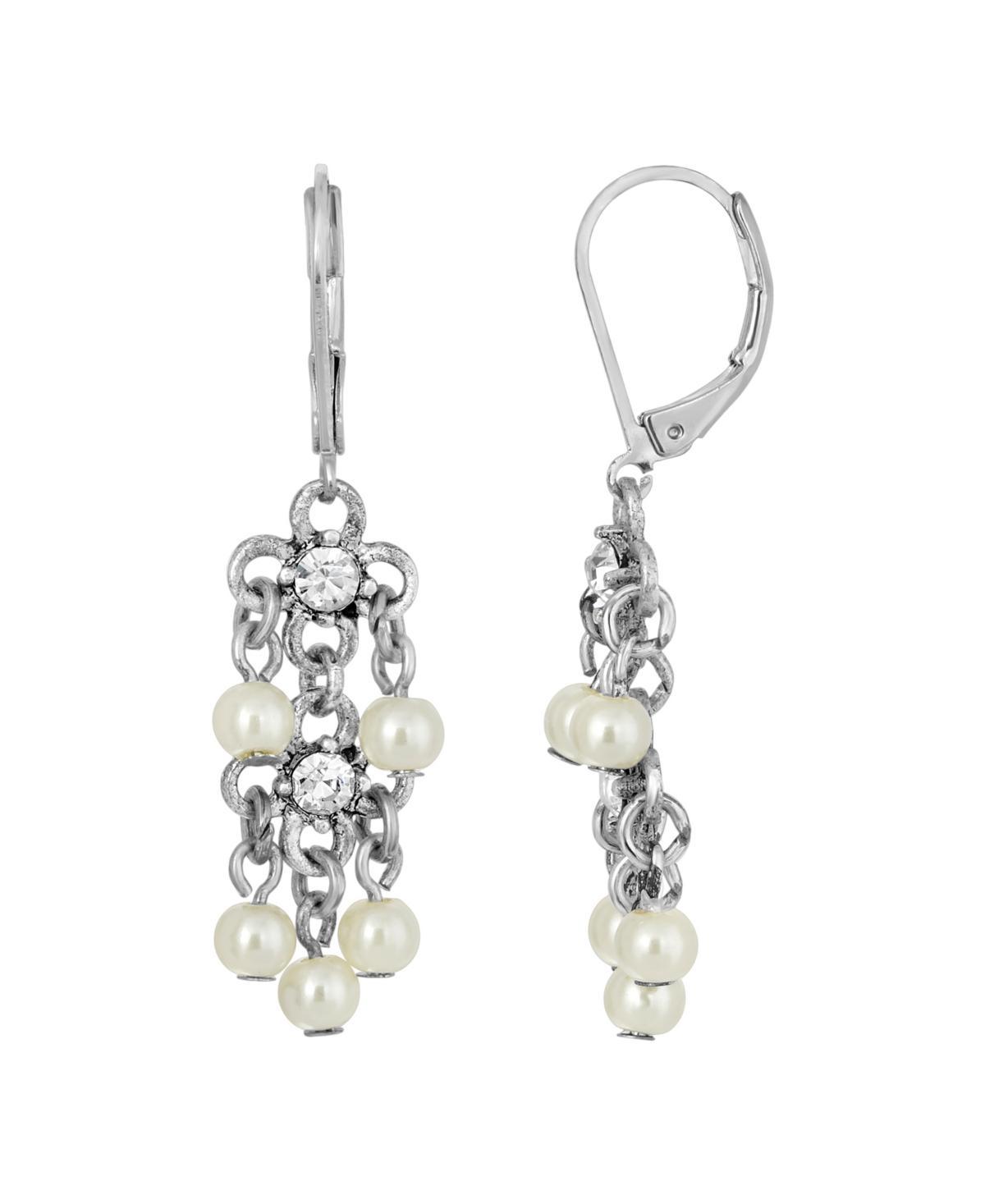 1928 Silver Tone Simulated Crystal & Faux Pearl Chandelier Drop Earrings, Womens, White Product Image