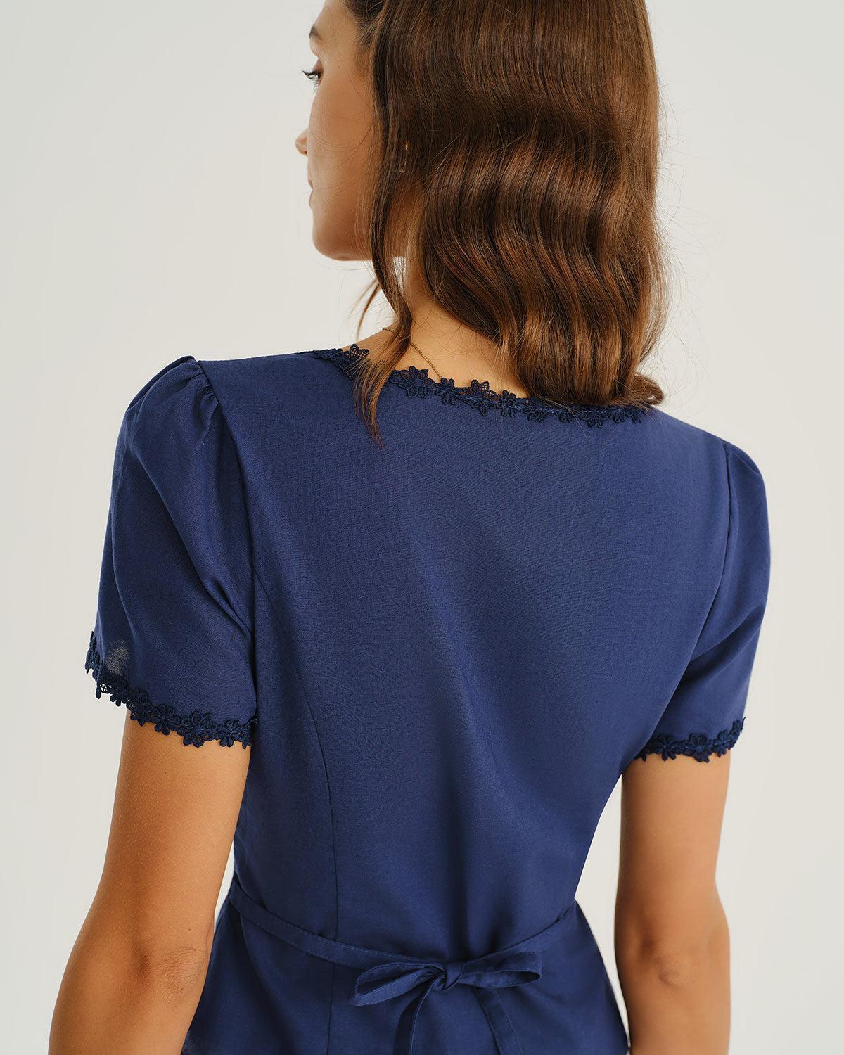 Navy Square Neck Button Blouse Product Image