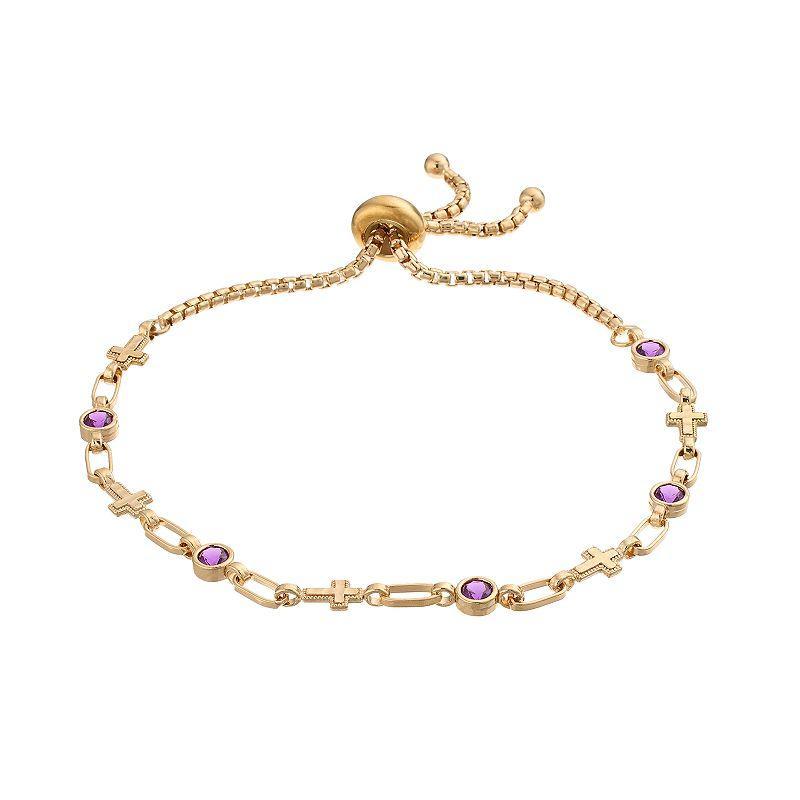 Kristen Kesho Sterling Silver Lab-Created Amethyst & Cross Link Adjustable Bolo Bracelet, Womens Gold Tone Product Image