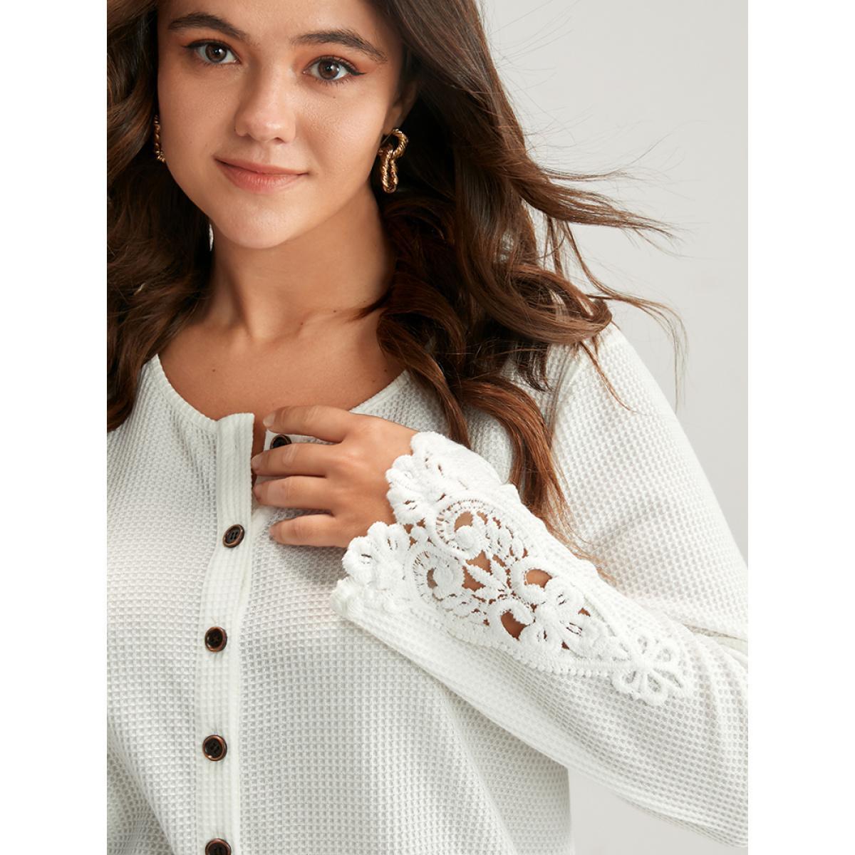 Plus Size Solid Button Up Waffle Knit Long Tee White Women Elegant Plain Plain Round Neck Dailywear T-shirts BloomChic 12/L Product Image