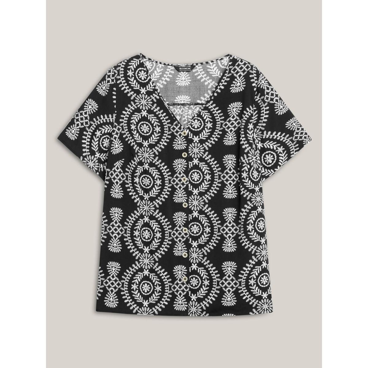 Plus Size Black Boho Print Button Placket Blouse Women Short sleeve V-neck Vacation Blouses BloomChic 14-16/1X Product Image