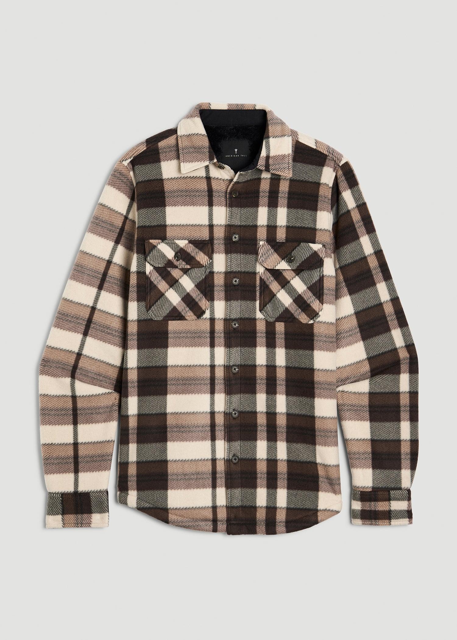 Sherpa-Lined Fleece Overshirt for Tall Men in Beige Tartan Product Image