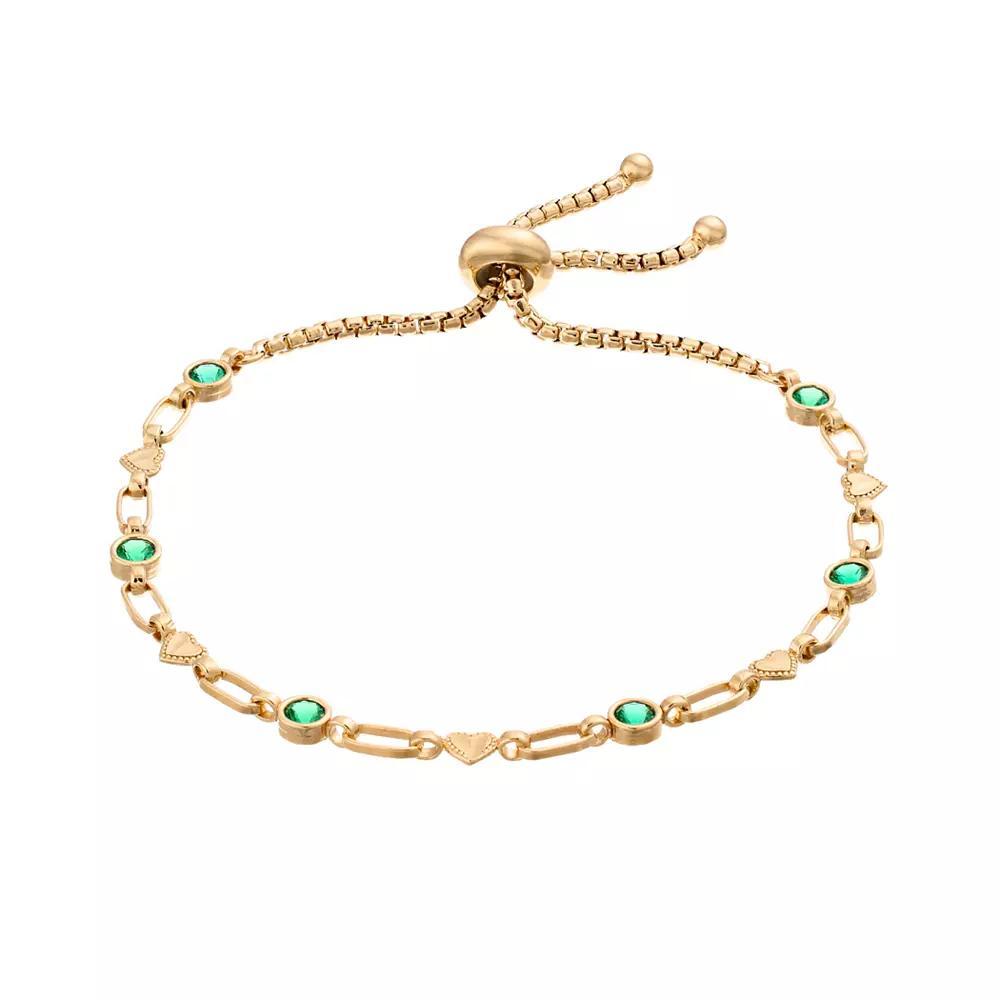 Kristen Kesho Sterling Silver Lab-Created Emerald & Heart Link Adjustable Bolo Bracelet, Women's, Size: 9.50, Gold Tone Product Image