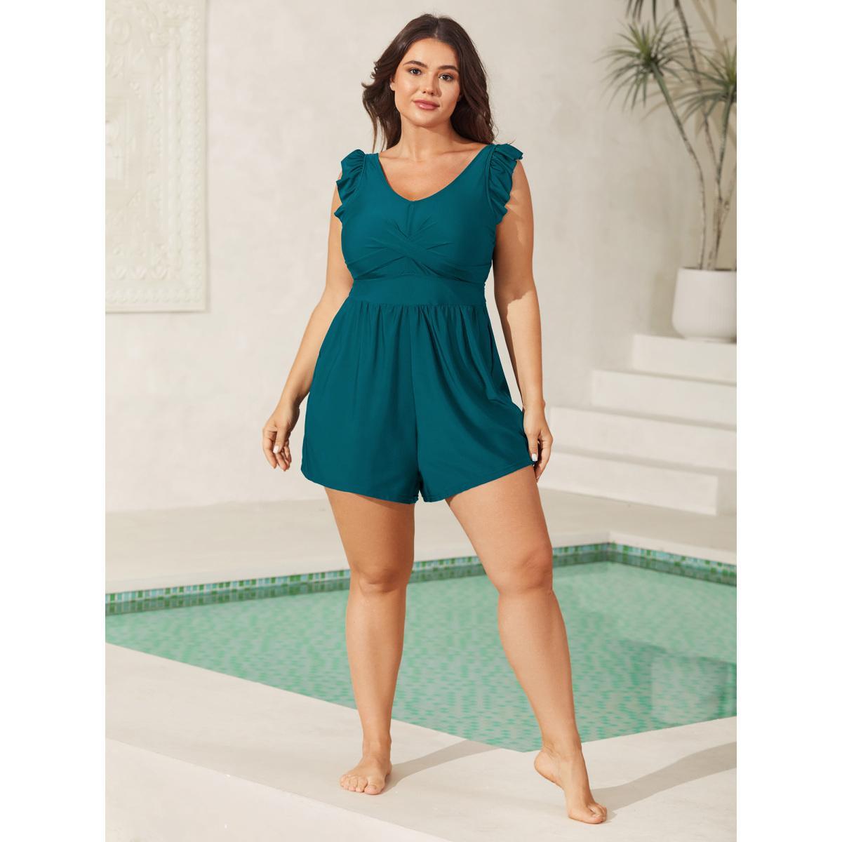 Plus Size Twist Front Ruffled One-Piece Swimsuit Women's Swimwear Aegean Resort Twist Curve Bathing Suits High stretch One Pieces BloomChic 14-16/1X Product Image