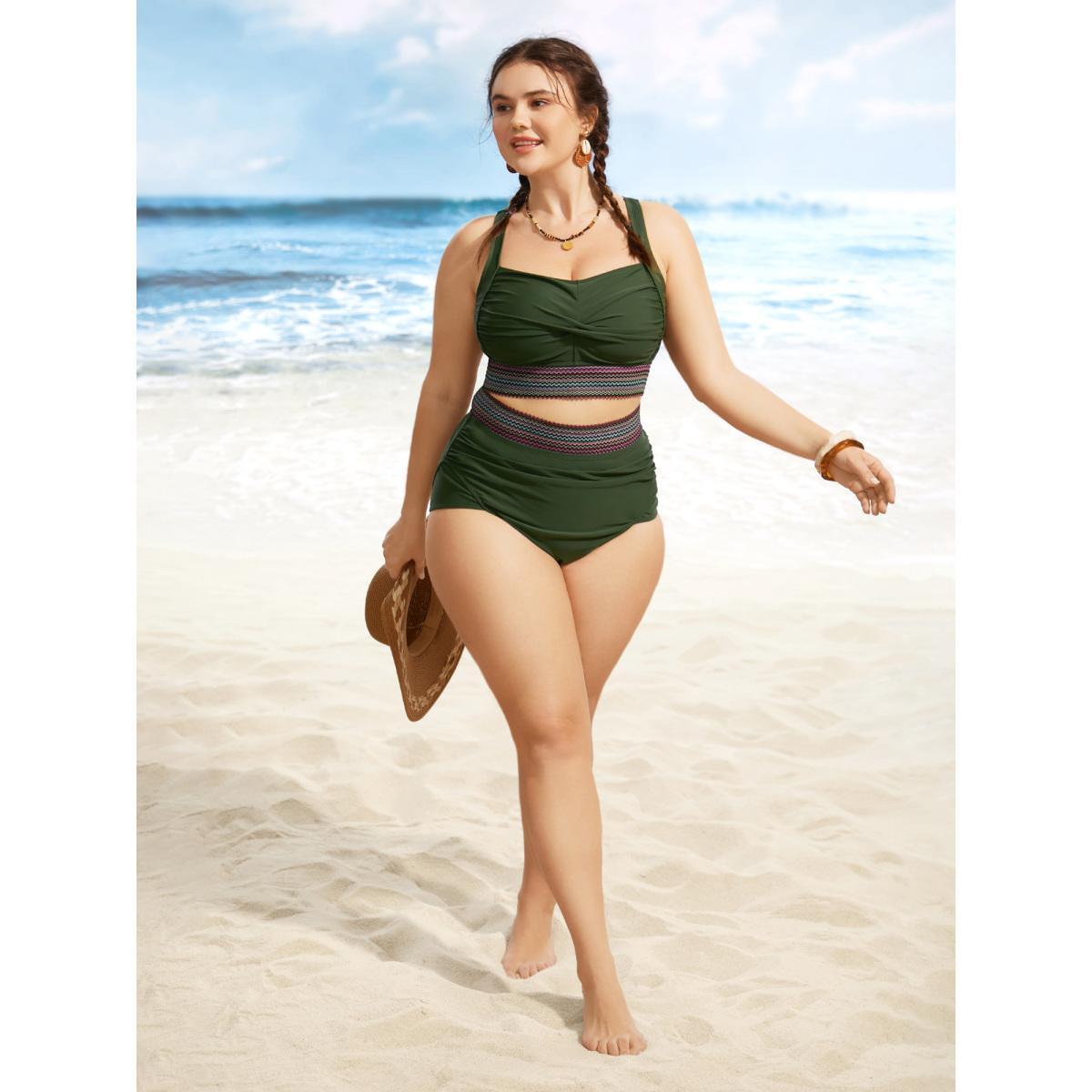 Plus Size Twist Front Patchwork Woven Ribbon Swim Top Women's Swimwear ArmyGreen Resort Woven ribbon&lace trim High stretch Skinny Heart neckline Curve Swim Tops BloomChic 30/6X Product Image