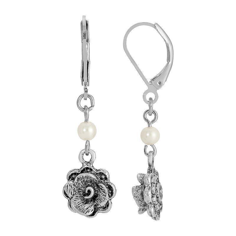 1928 Silver Tone Flower Leverback Earrings, Womens Product Image