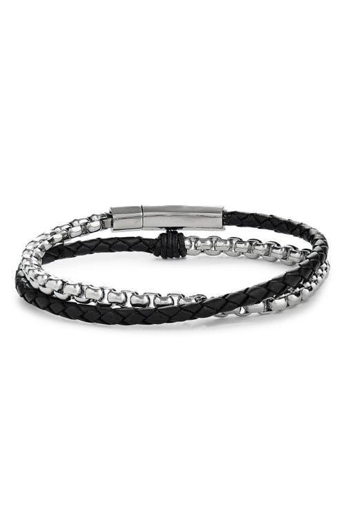 Mens Braided Leather & Steel Chain Double Wrap Bracelet Product Image