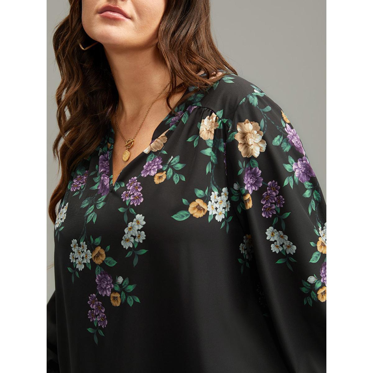 Plus Size Black Floral Print Shirred Curved Hem Blouse Women Elegant Long Sleeve V-neck Dailywear Blouses BloomChic 28/5X Product Image
