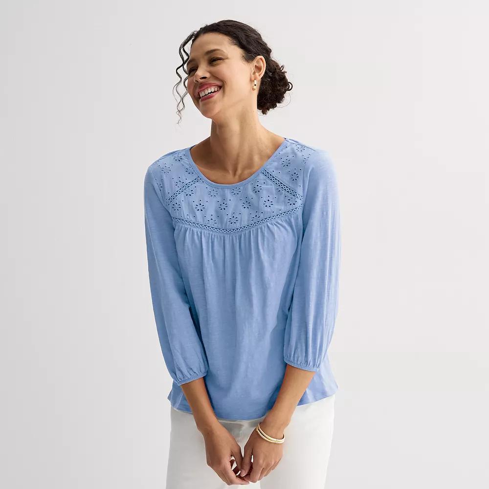 Women's Croft & Barrow® Three-Quarter Sleeve Eyelet Yoke Top, Size: Small, Blue Product Image