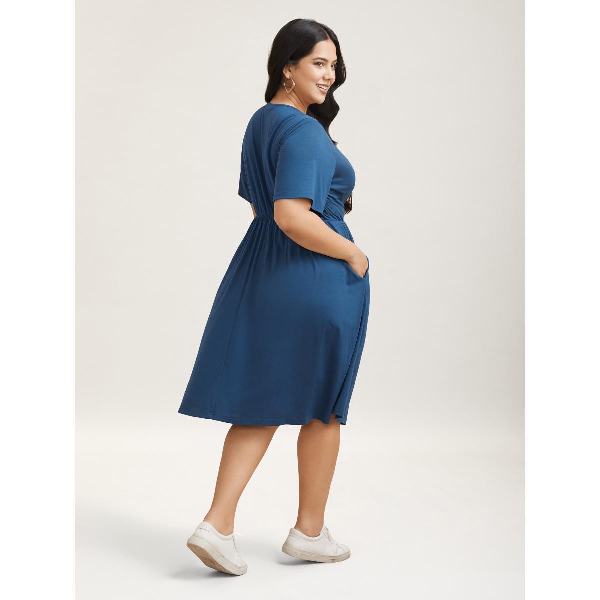 Plus Size Button Detail Pleated Pockets Midi Dress Mediumblue Women Casual Gathered V-neck Short sleeve Curvy BloomChic 18-20/2X Product Image