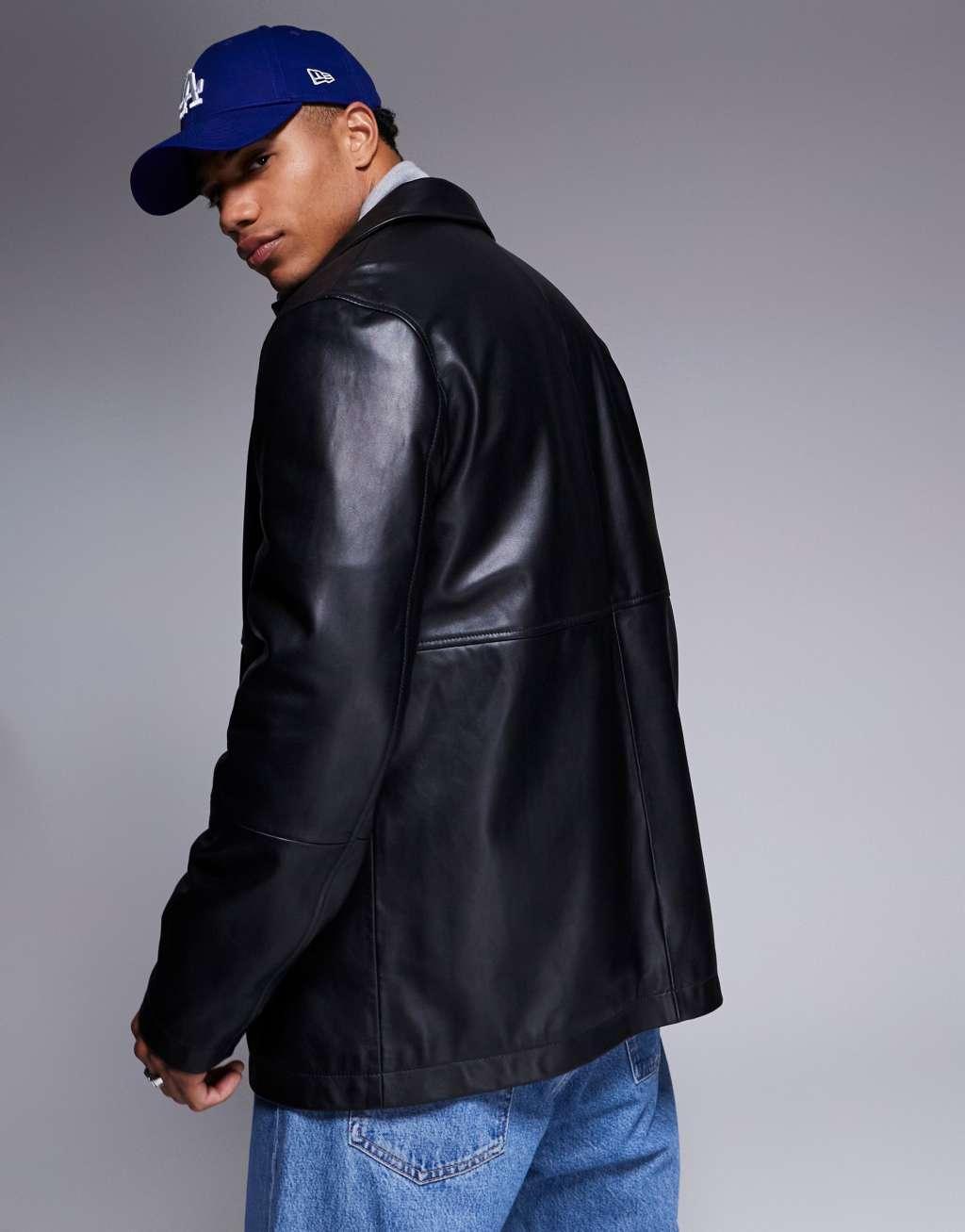 ASOS DESIGN premium real leather harrington jacket in black Product Image