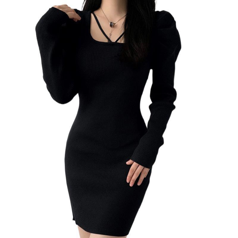 Long-Sleeve Square Neck Plain Ribbed Mini Sheath Knit Dress Product Image