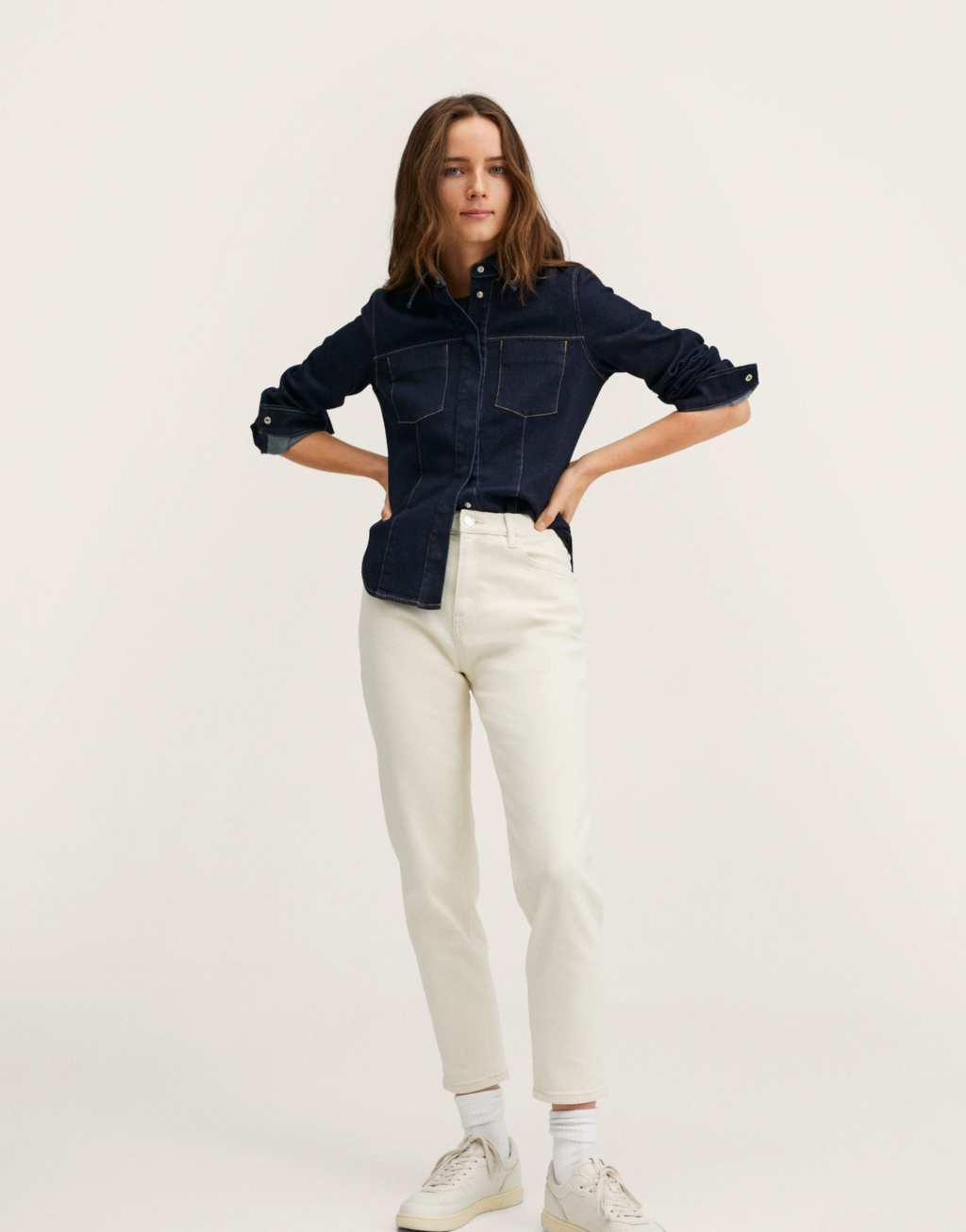 Mango contrast seam straight leg jeans in off white Product Image