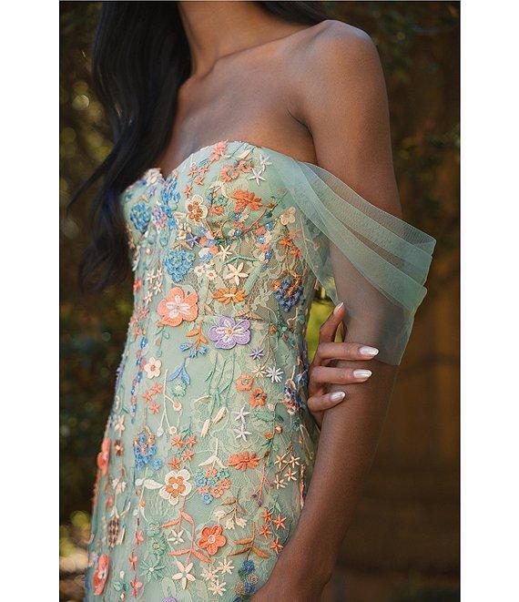Mac Duggal Embroidered Floral Off-The-Shoulder Neck Draped Sleeve Gown Product Image