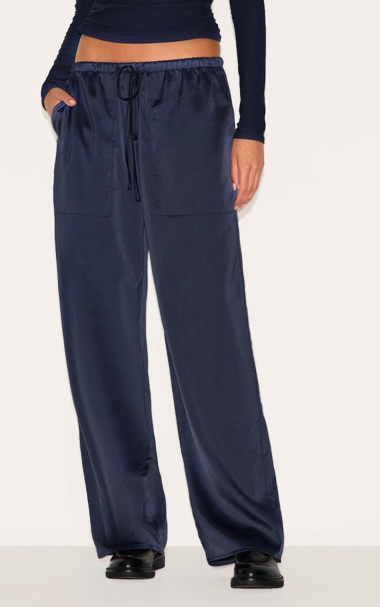 Navy Satin Low Rise Drawstring Pants Product Image