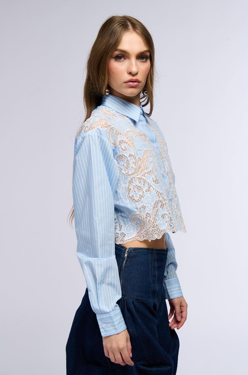 LOVE ME LIKE THAT BUTTON DOWN BLOUSE WITH LACE DETAILING Product Image