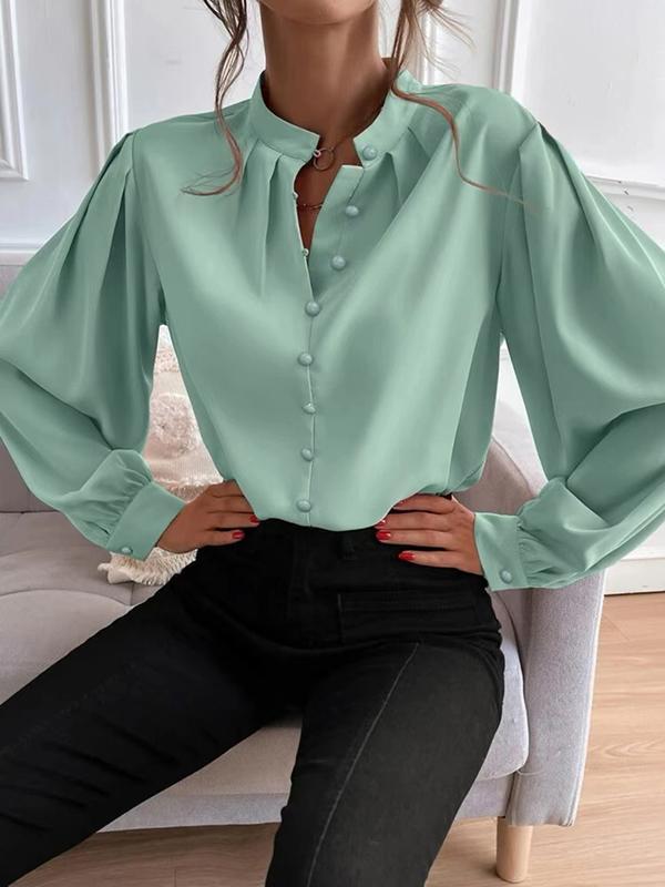 Loose Puff Sleeves Pleated Solid Color Split-Joint Stand Collar Blouses Product Image