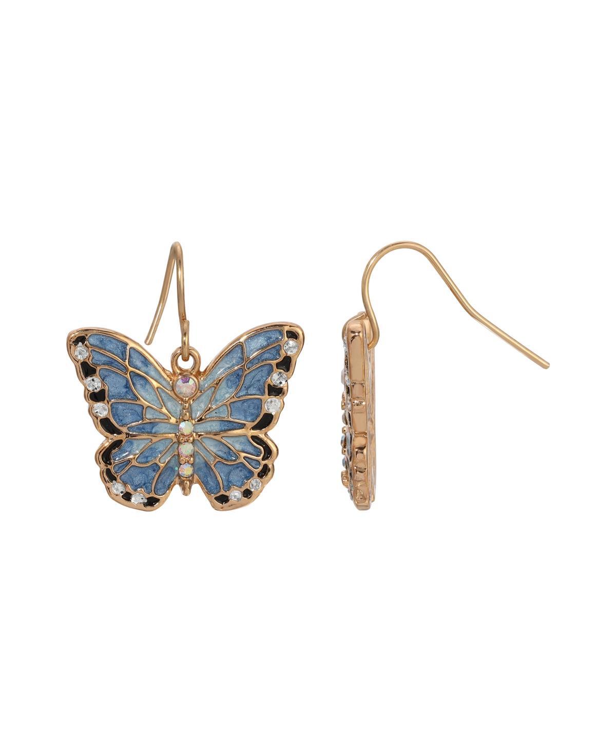 1928 Gold Tone Blue Enamel and Simulated Crystal Butterfly Drop Earrings, Womens Product Image