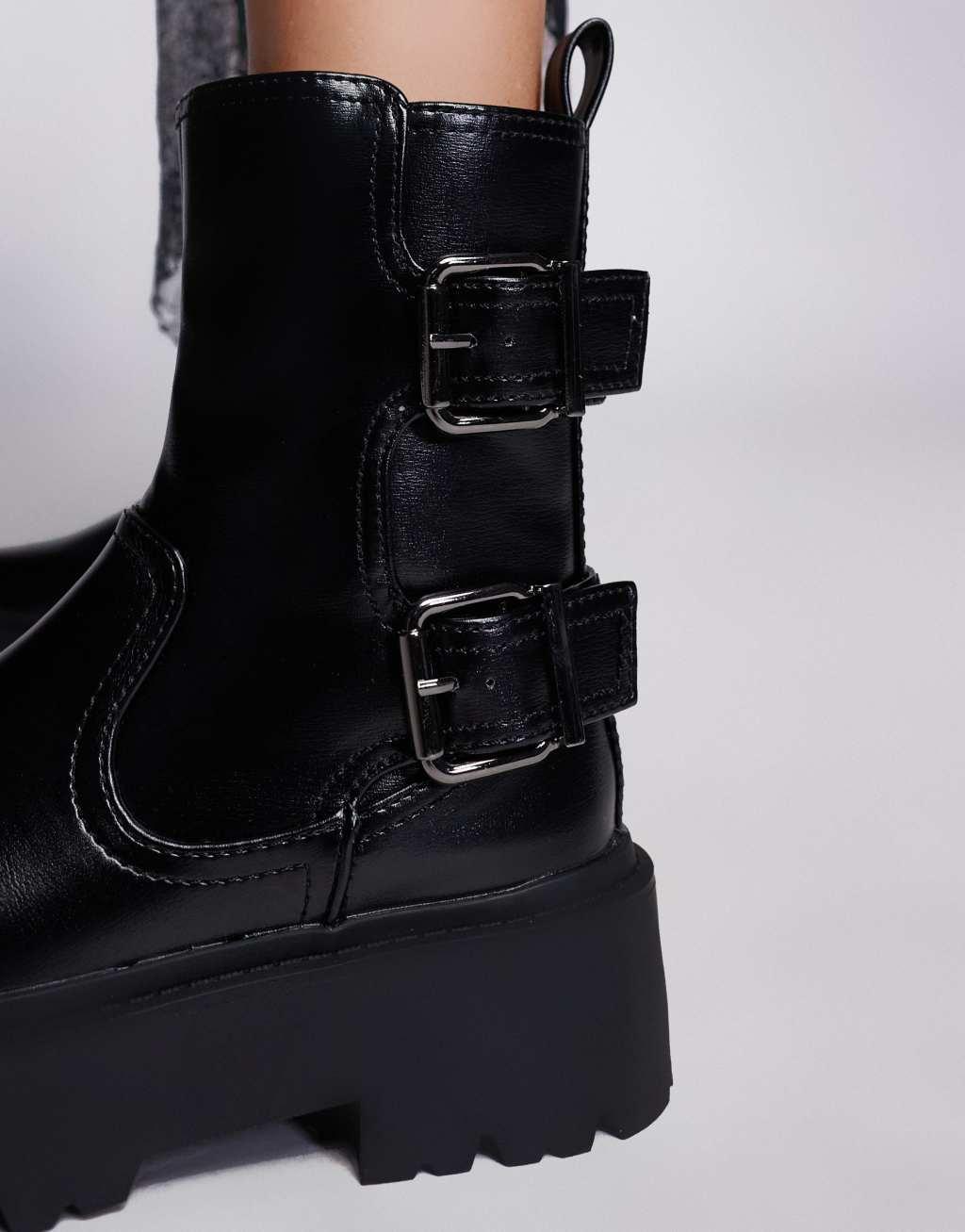 River Island chunky biker boot in black Product Image