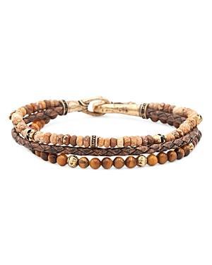 John Varvatos Mens Brass Skull Jasper, Tiger Eye, & Woven Leather Triple Strand Bracelet Product Image