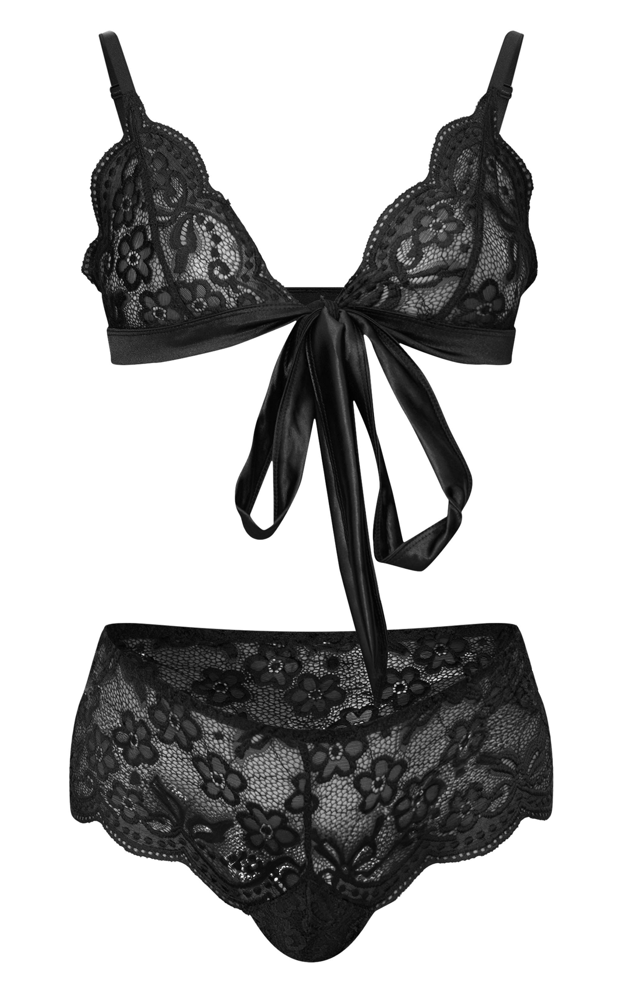 Black Lace Ribbon Tie Lingerie Set Product Image