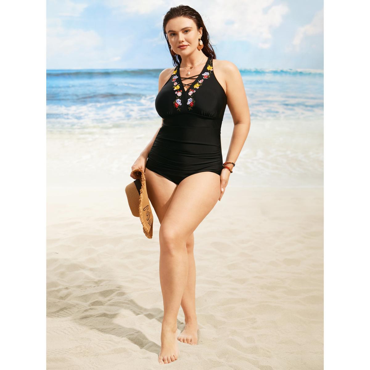 Plus Size Floral Embroidered Ruched Crisscross One Piece Swimsuit Women's Swimwear Black Beach Gathered Curve Bathing Suits High stretch One Pieces BloomChic 14-16/1X Product Image