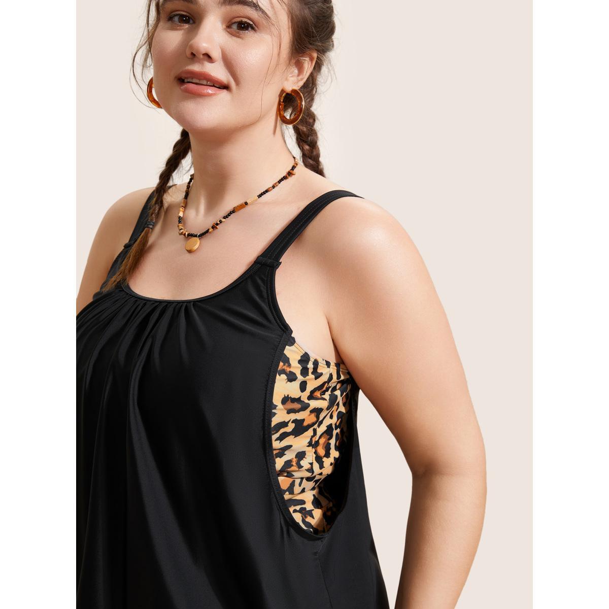 Plus Size Patchwork Leopard Print Gathered Swim Top Women's Swimwear Black Beach Gathered High stretch Bodycon U-neck Curve Swim Tops BloomChic 12/L Product Image