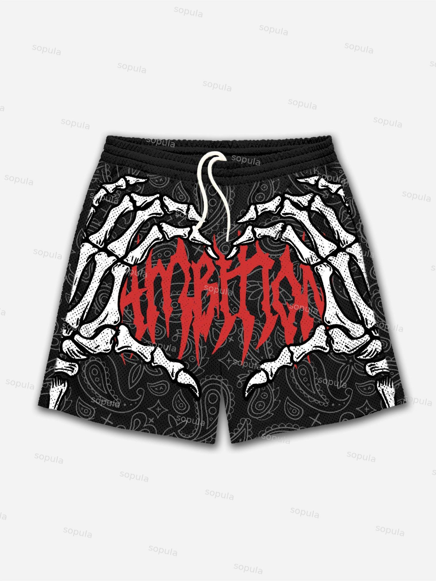 Ambition Skull Hand Cashew Flower Graphic Mesh Shorts Product Image