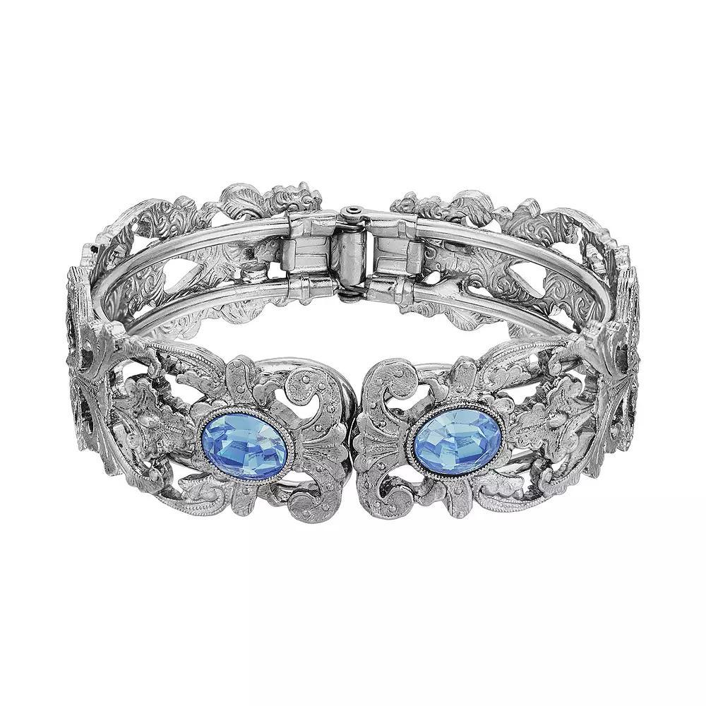 1928 Silver Tone Simulated Crystal Filigree Cuff Bracelet, Womens, Light Blue Product Image
