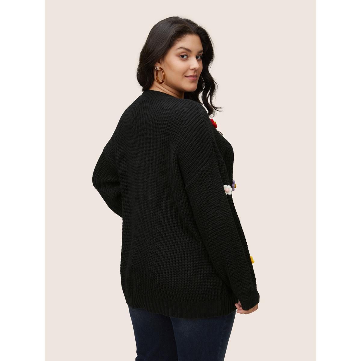 Plus Size Stereo Flower Design Round Neck Pullover Black Women Casual Long Sleeve Round Neck Everyday Pullovers BloomChic 10/M Product Image