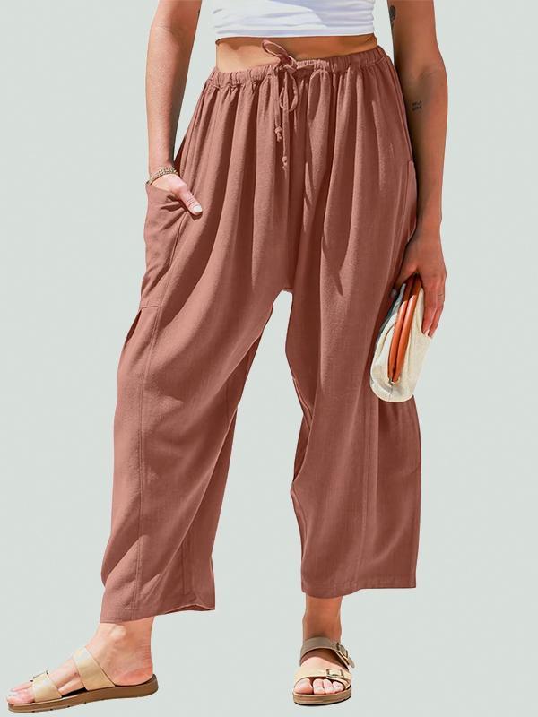 Column Loose Elasticity Pockets Solid Color Casual Pants Bottoms Trousers Product Image