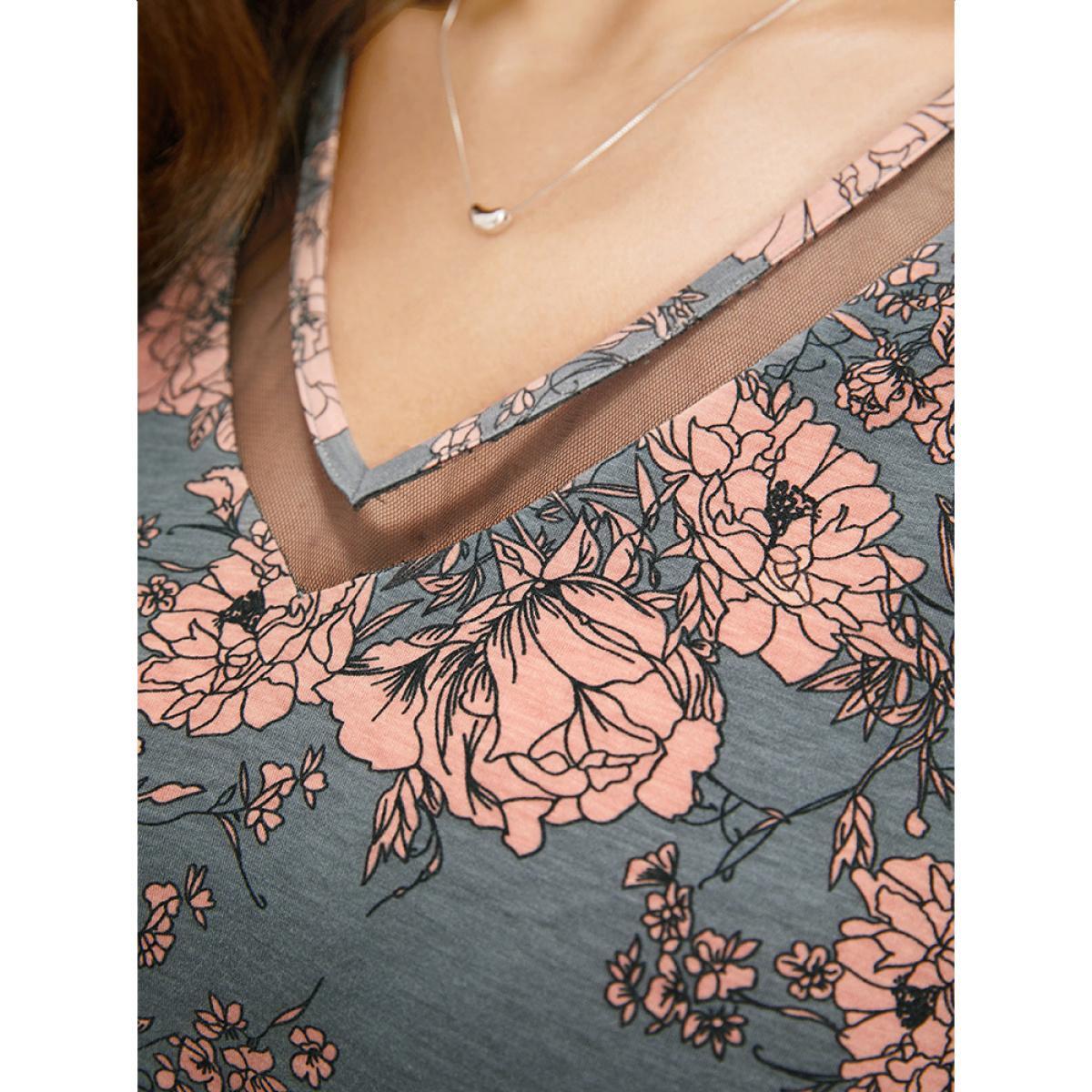 Plus Size Floral Print Mesh Insert Flutter Sleeve T-shirt Gray Women Elegant See through Floral V-neck Dailywear T-shirts BloomChic 22-24/3X Product Image