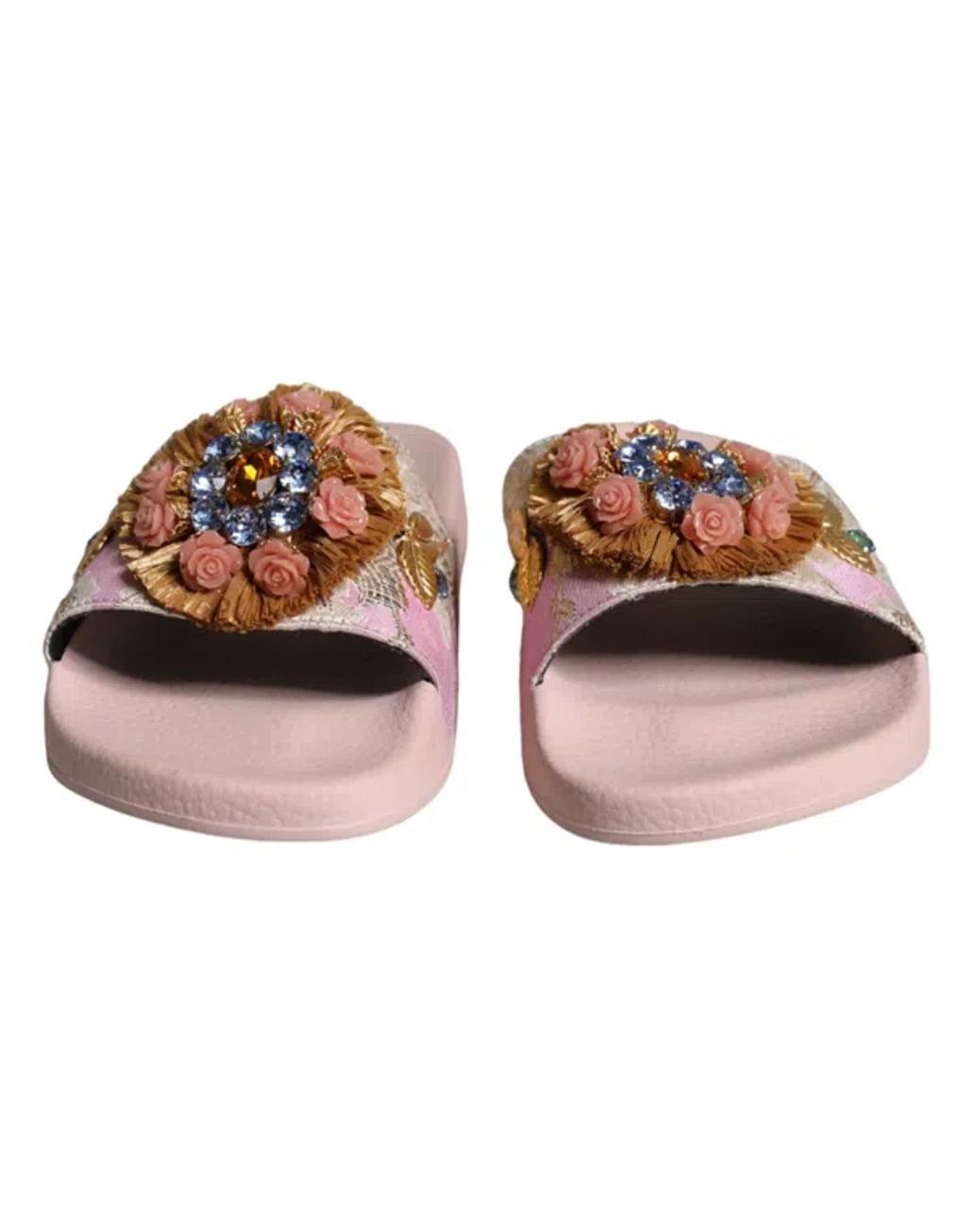 DOLCE & GABBANA Pink Brocade Crystal Sandals Slides Beachwear Shoes Product Image