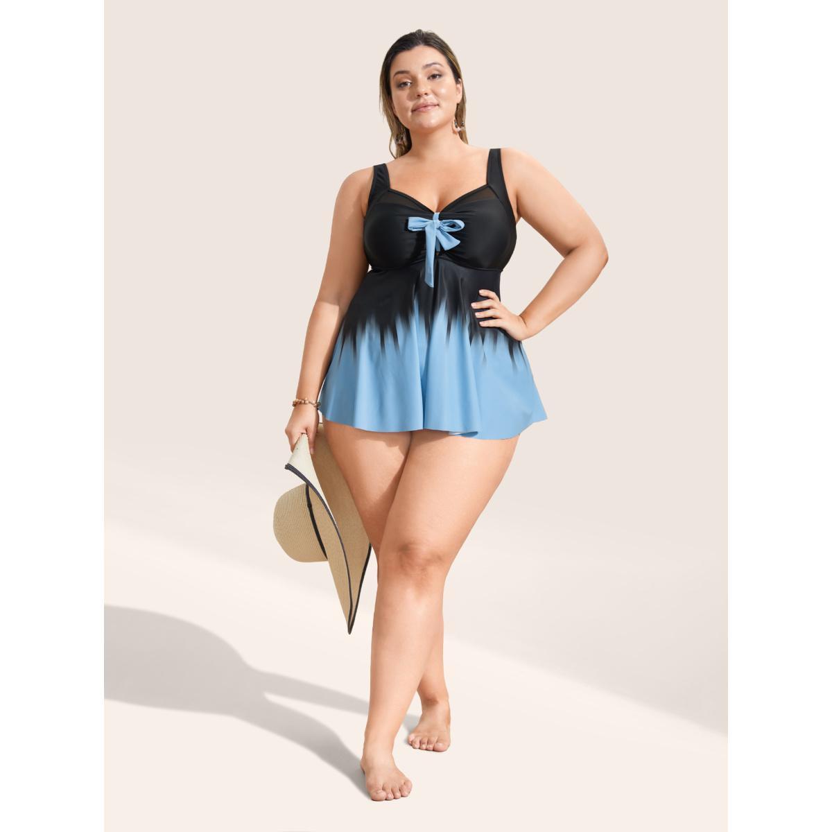 Plus Size Ombre Bowknot Ruched Mesh Patchwork Swim Top Women's Swimwear Black Beach Tie knot High stretch Bodycon Heart neckline Curve Swim Tops BloomChic 12/L Product Image