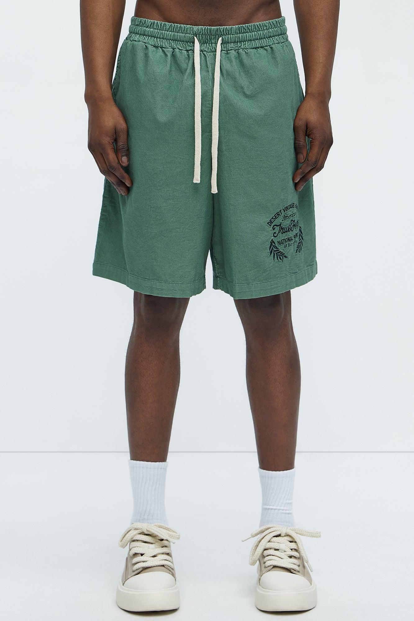 Retro Embroidered Corduroy Shorts - Green Product Image