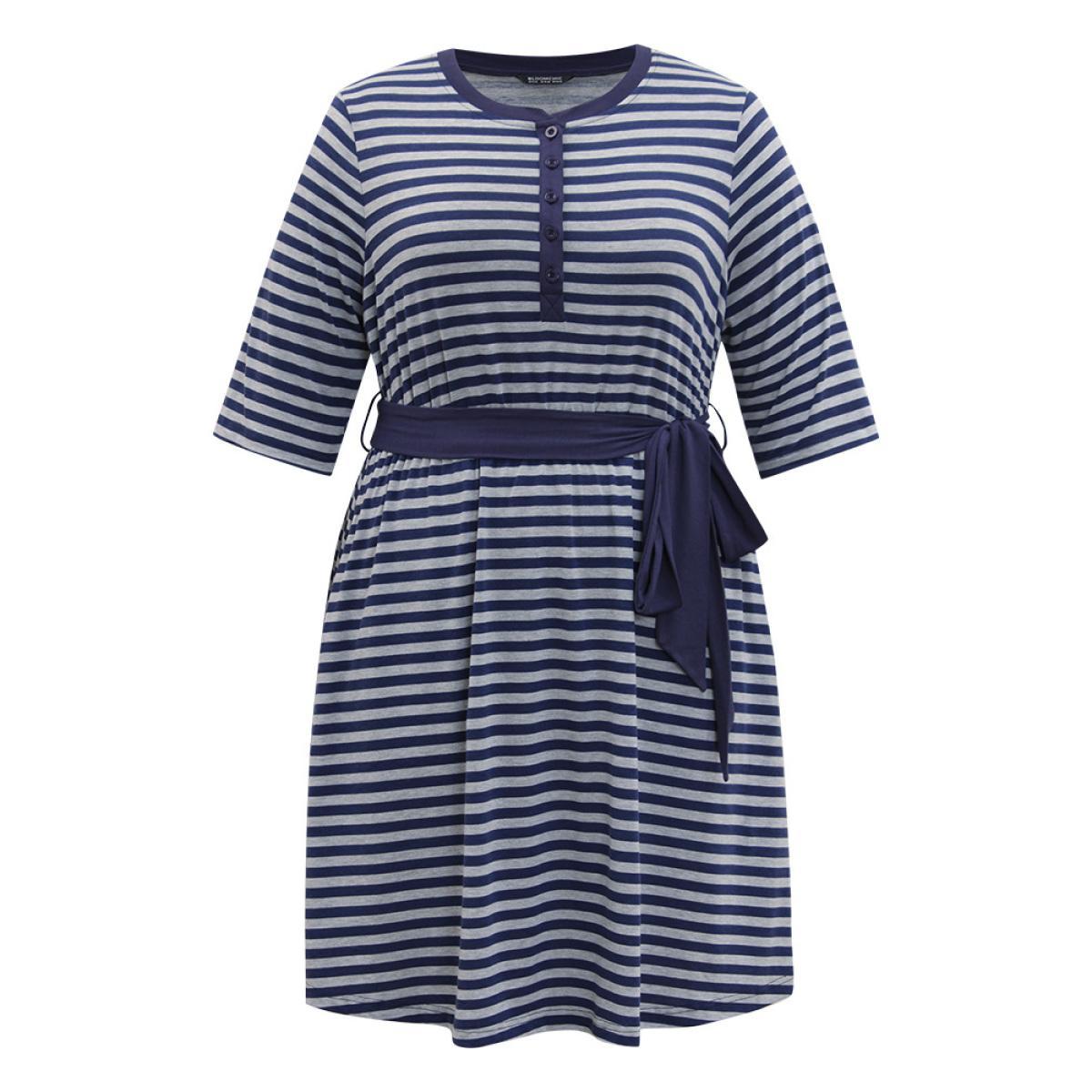 Plus Size Striped Pocket Button Up Belted Crew Neck Dress Indigo Women Casual Belted Round Neck Half Sleeve Curvy Midi Dress BloomChic 14-16/1X Product Image