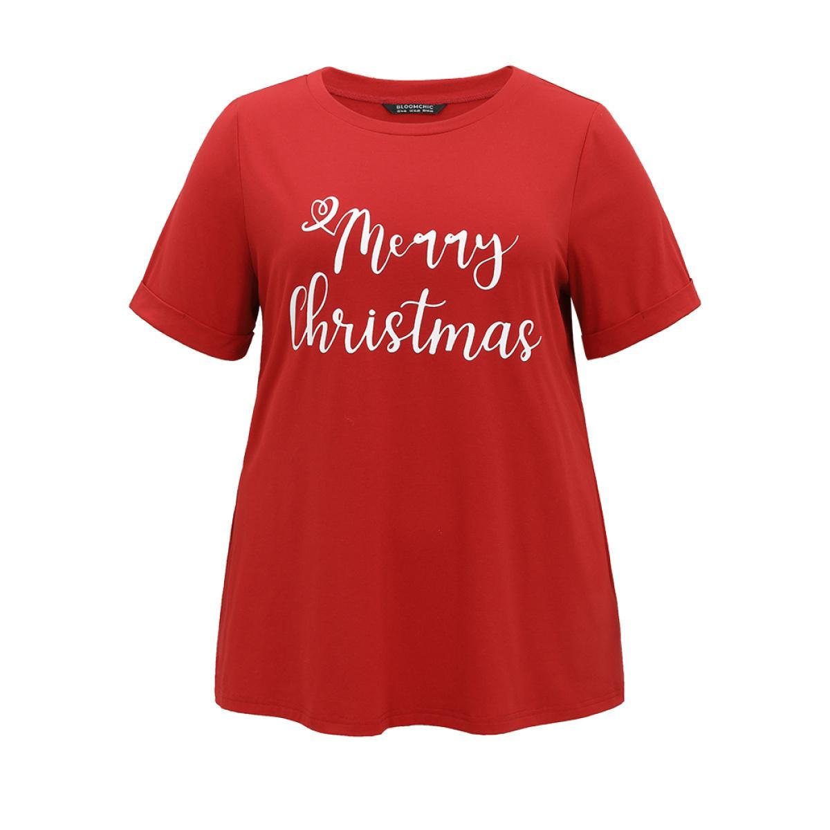 Plus Size Christmas Print Round Neck T-shirt Red Women Casual Printed Christmas Festival-Christmas T-shirts BloomChic 12/L Product Image