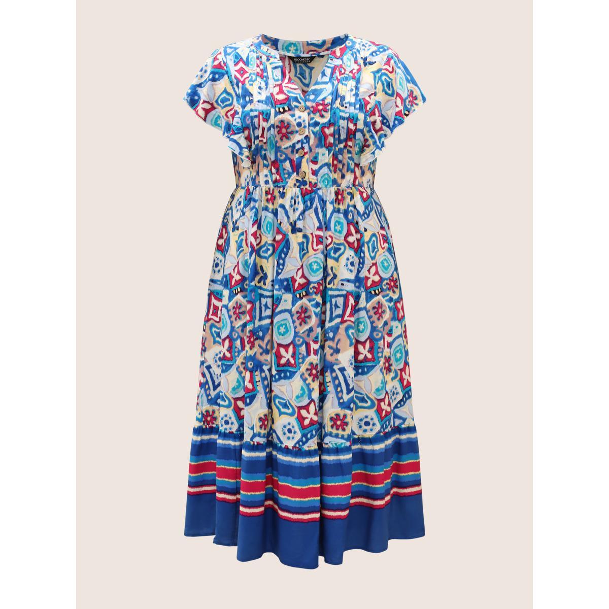 Plus Size Boho Print Pleated Ruffle Sleeve Dress Blue Women Resort Ruffles Notched collar Cap Sleeve Curvy BloomChic 10/M Product Image