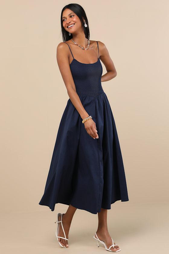 Tandria Navy Smocked Sleeveless Midi Dress Product Image